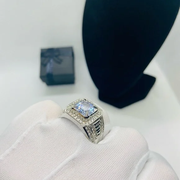 NEW Men Silver Square Diamond Wide Band Ring - Picture 10 of 11